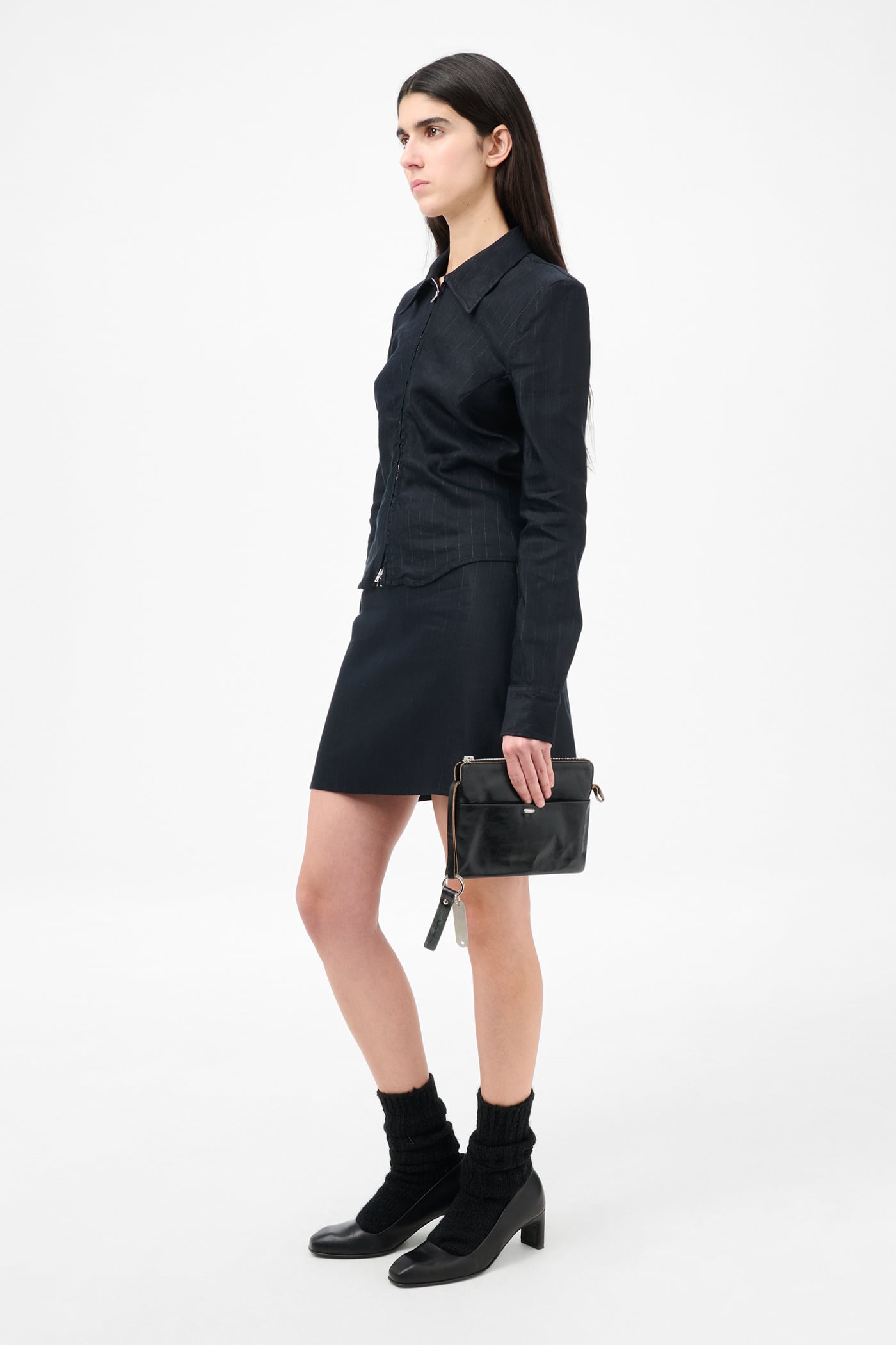 Our Legacy - Slim Zip Shirt Night Covert Flex Pinstripe