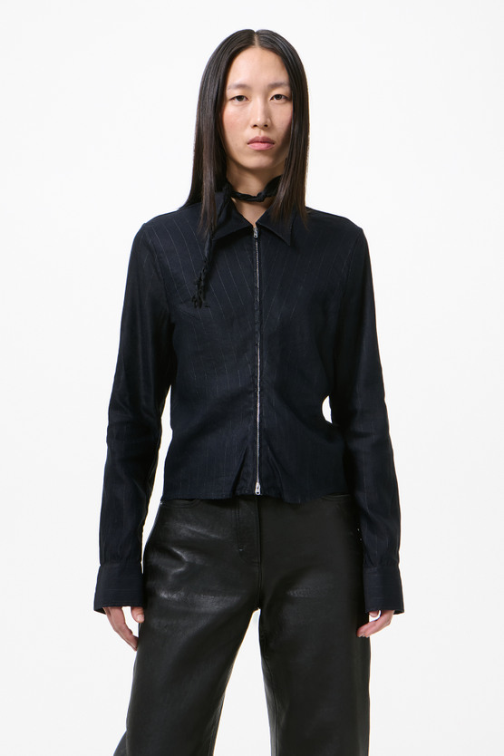 Our Legacy - Slim Zip Shirt Night Covert Flex Pinstripe