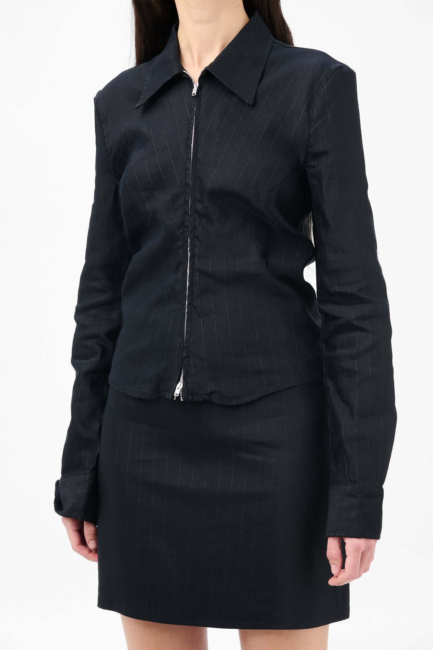 Our Legacy - Slim Zip Shirt Night Covert Flex Pinstripe