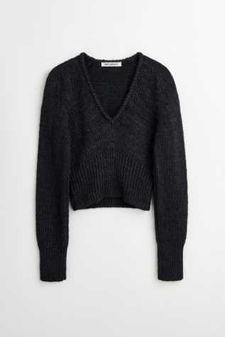 Sharp V-Neck Rich Black Rustic Wool Silk