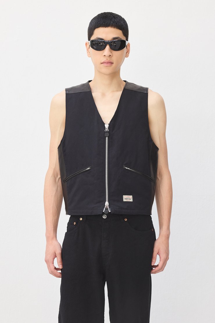 COTTON TWILL COLOR STITCHING WORK VEST(M Black): S'YTE｜THE