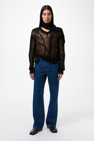 Slow V-Neck Black Ragged Open Linen