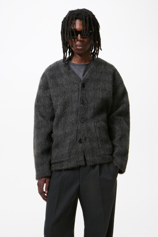 Cardigan Fuzzed Plum Check Hairy Wool