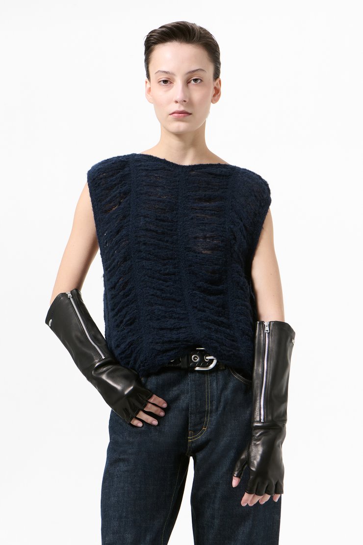 Rib Cage Vest Navy Blue Fringe Alpaca
