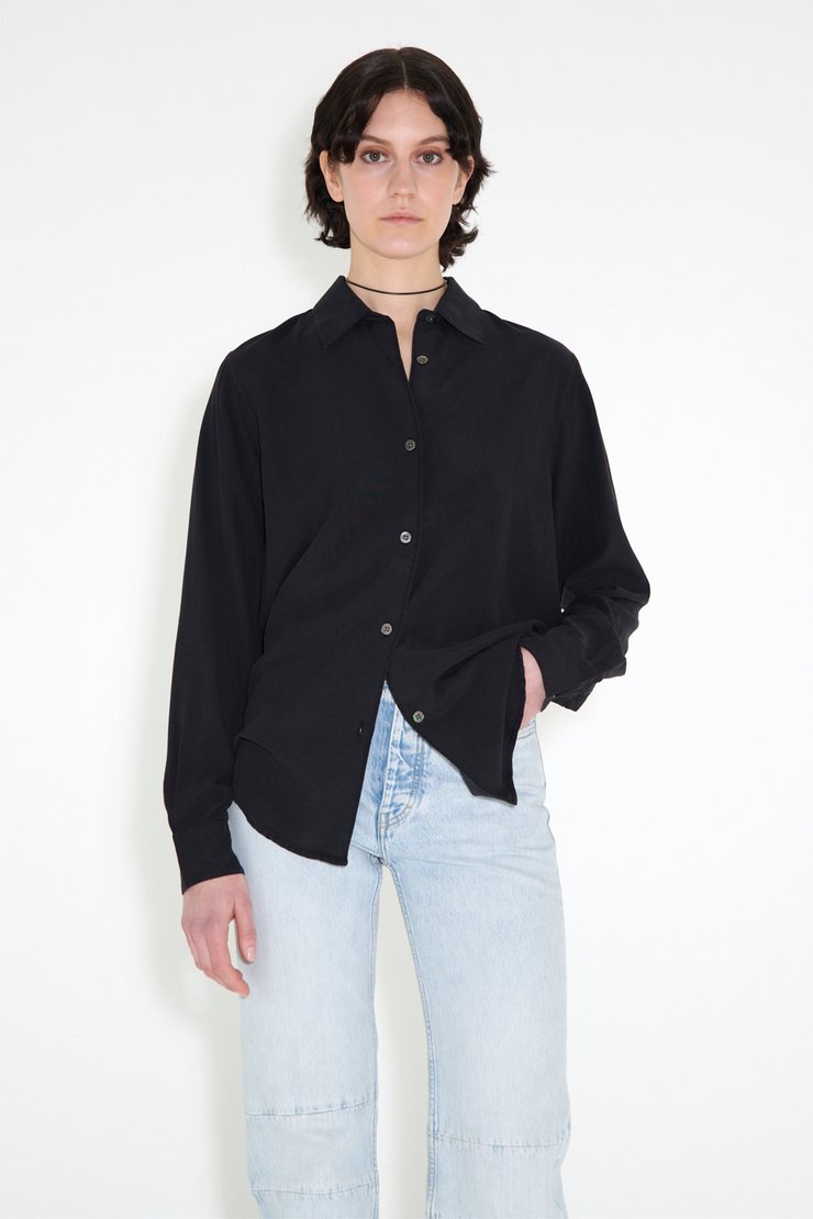 Line Shirt Black Fine  Silk