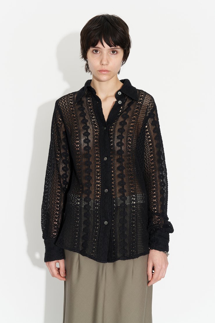 70S Line Shirt Black Cotton Crochet