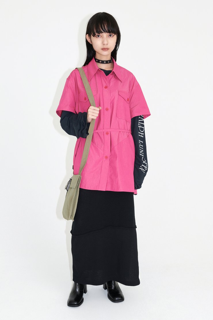 Backless Army Shirt Shortsleeve Cerise Cotton Ripstop