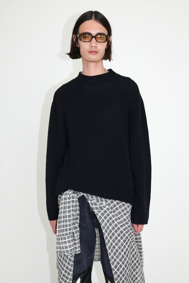Funnel Neck Black Cotton Rib
