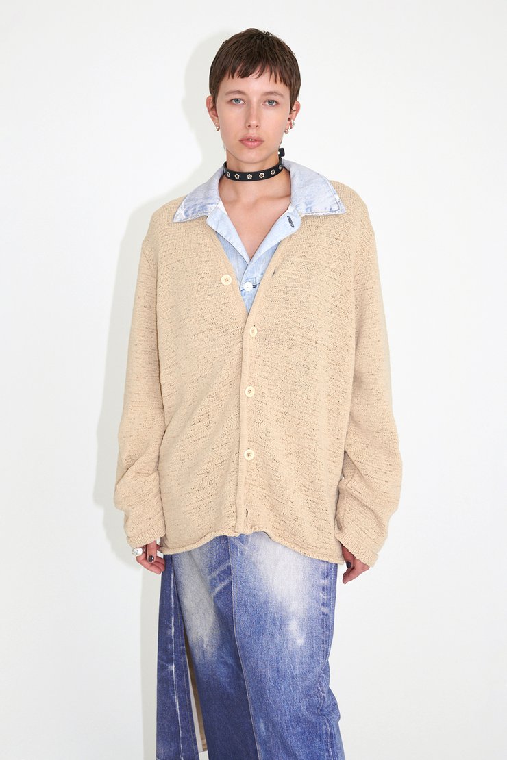 Knitted Cardigan Beige Faux Cord