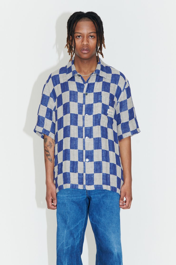 Our Legacy - Box Shirt Shortsleeve Blue/Grey Linen Check | Our Legacy