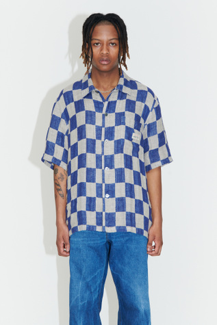 Our Legacy - Box Shirt Shortsleeve Blue/Grey Linen Check | Our Legacy