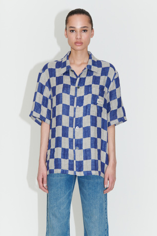 Our Legacy - Box Shirt Shortsleeve Blue/Grey Linen Check | Our Legacy